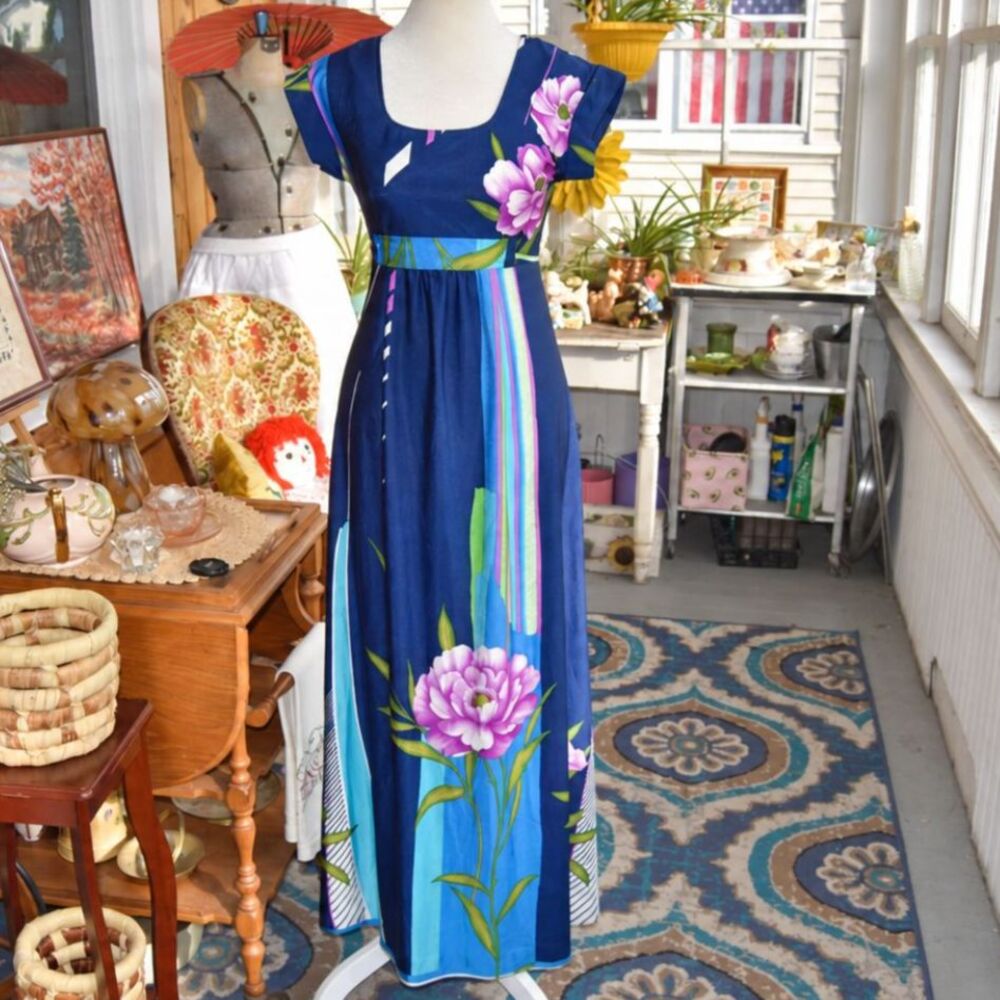Vintage 1970s Sears Hawaiian Fashions Blue Floral Maxi Dress XS Cap Sleeve